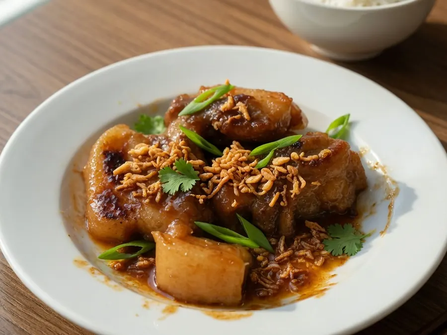Đĩa thịt heo rô ti cạnh bát cơm trắng, ánh sáng cửa sổ