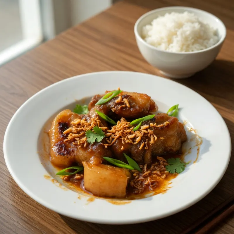 Đĩa thịt heo rô ti cạnh bát cơm trắng