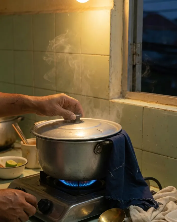 Bếp nhà lúc sáng sớm, tay mở nắp nồi thịt